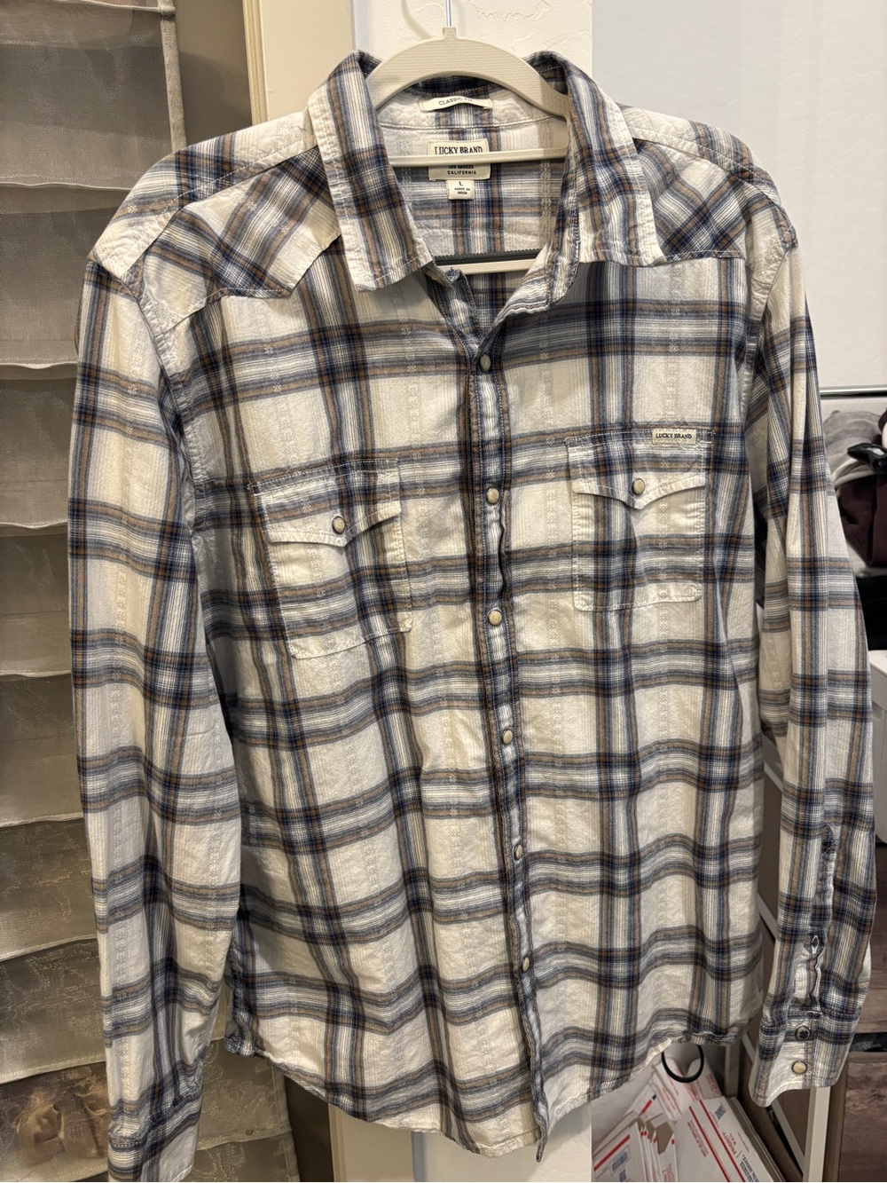 Lucky Brand Plaid Snap Shirt in Cream and Blue